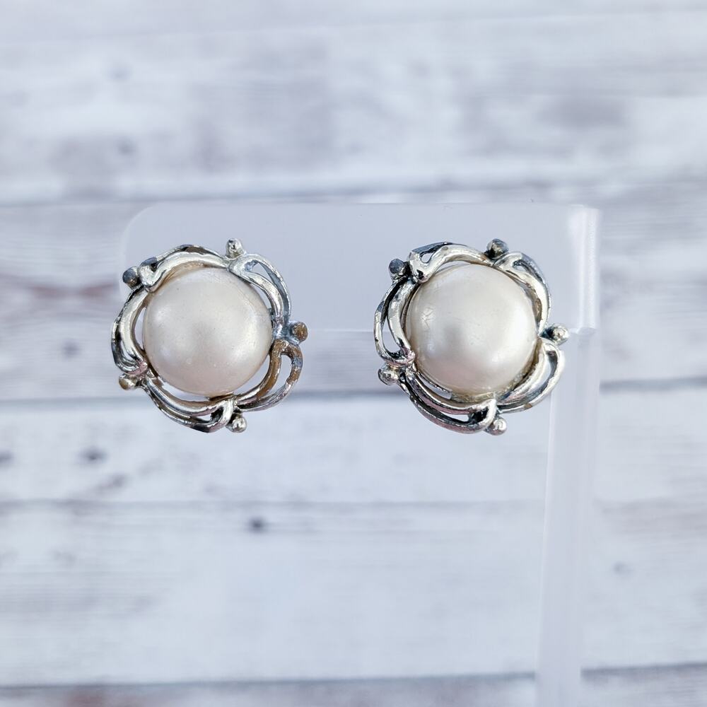 Vintage Screw On Earrings Large Faux Pearl & Gold Tone Halo - Heavy Chipping